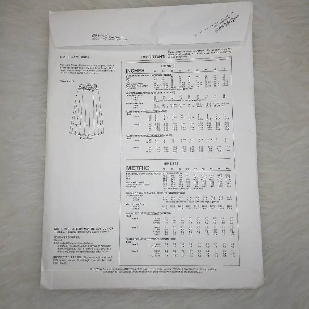 STRETCH & SEW 481 Six Gore Skirt Hip Size 32-48, Ann Person Collectibles